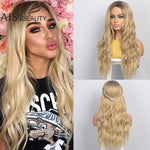AISI BEAUTY Long Wavy Womens Wig Natural Part Side Hair Ombre Synthetic Wigs Platinum/Blonde/Black Wigs Heat Resistant for Women